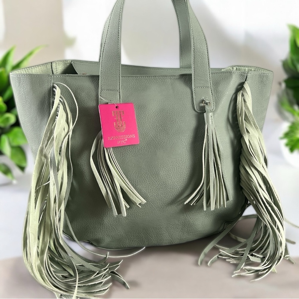 Expressions Sage Green Pebbled Vegan Leather Tote Fringe Details Gold Accent New